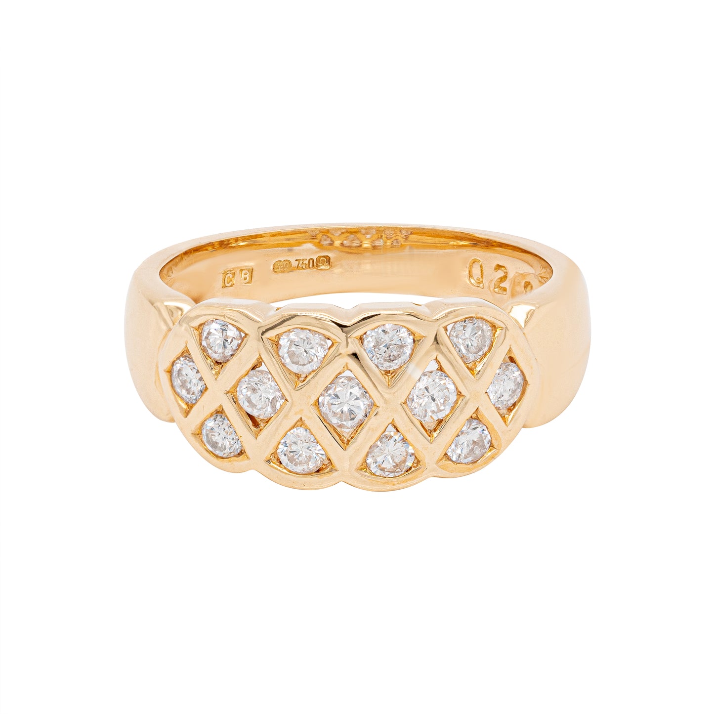 An 18 carat yellow gold lattice band ring with round brilliant cut diamonds.