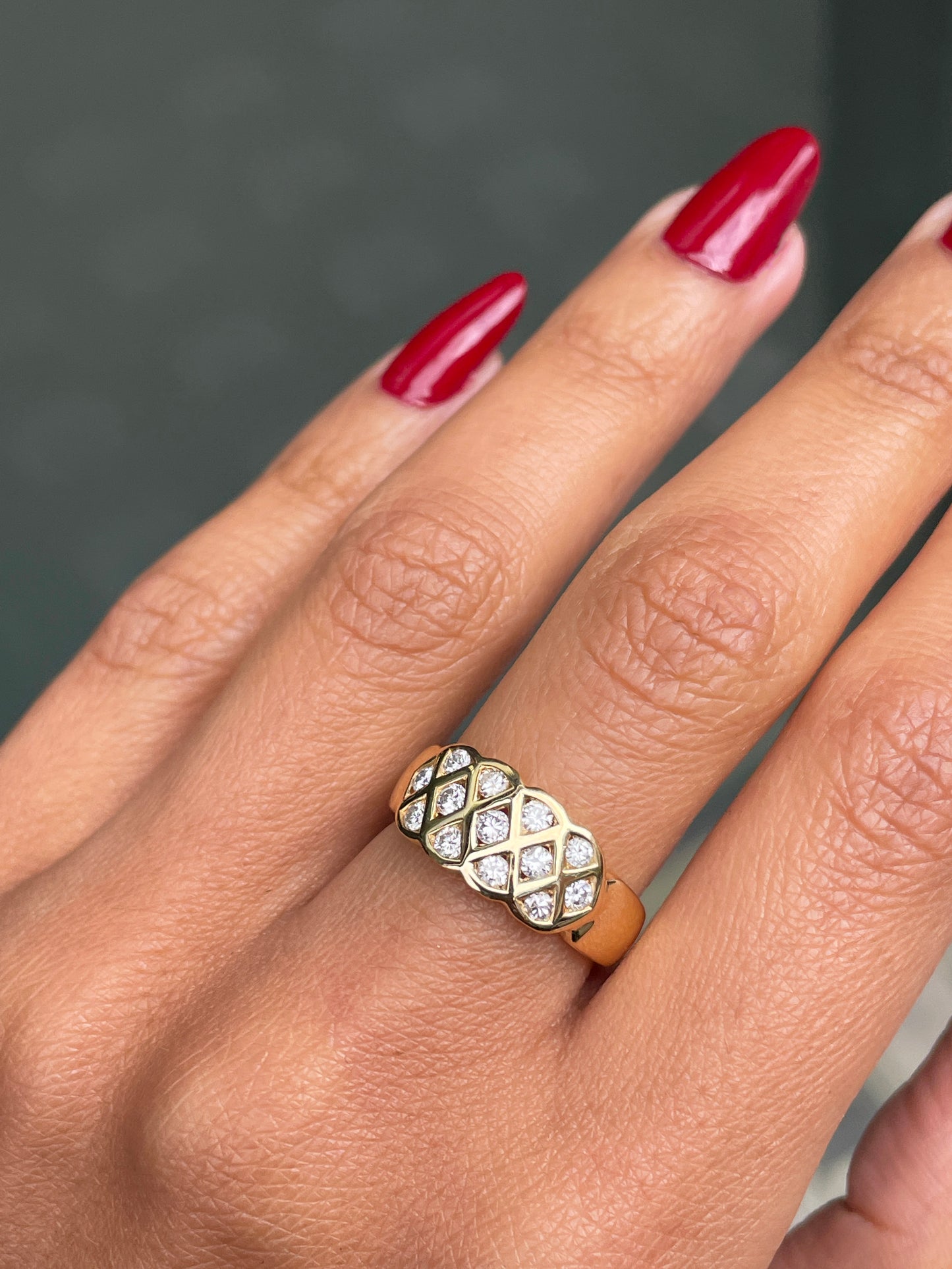 0.49 Carat Diamond 18 Carat Yellow Gold Lattice Band Ring side view on hand