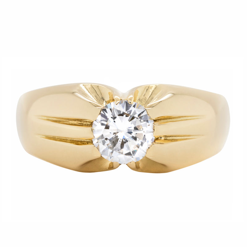 1.07ct round brilliant cut diamond gents ring in 18ct yellow gold with 10 claw open back setting