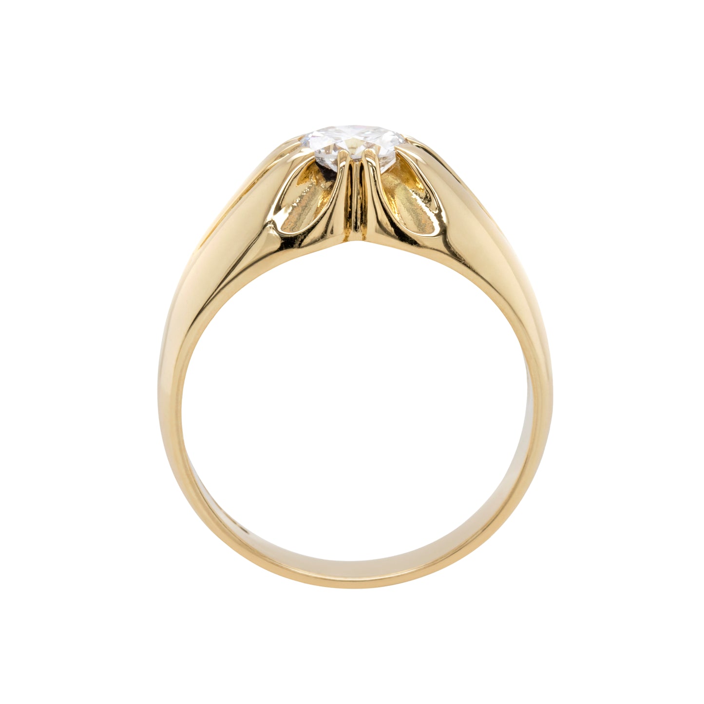 1.07ct round brilliant cut diamond gents ring in 18ct yellow gold with 10 claw open back setting, classic design