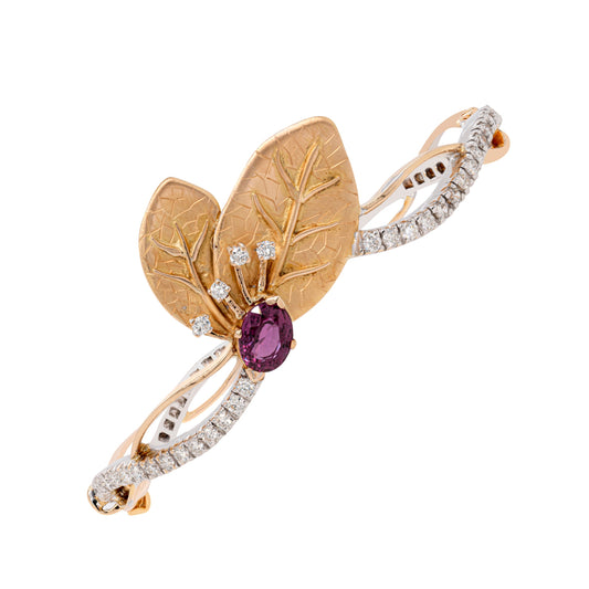 1.66 Carat Pink Tourmaline and Diamond 18 Carat White & Yellow Gold Leaf Bangle