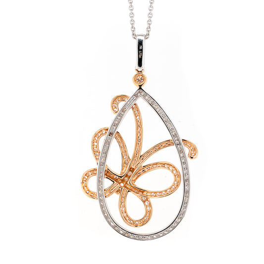 An 18 carat white and rose gold diamond butterfly pendant with a chain.