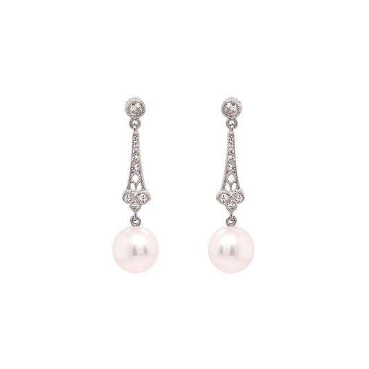 Pearl and Old Cut Diamond Open Work Platinum Drop Earrings