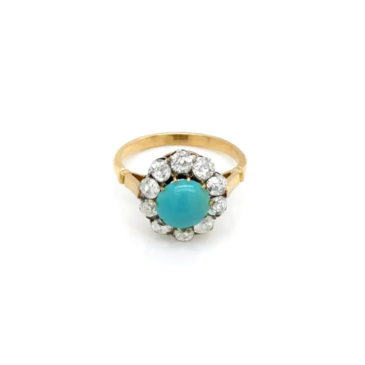 Cabochon Turquoise & Old Cut Diamond 18K Gold and Platinum Coronet Cluster Ring