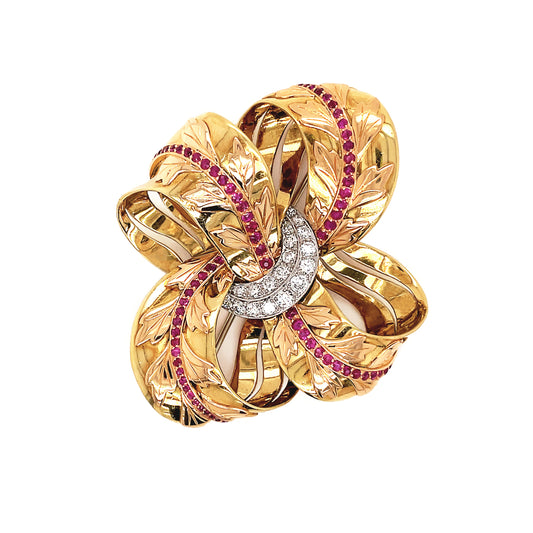 Vintage 18ct Gold Diamond and Ruby Floral Ribbon Brooch, circa 1950's