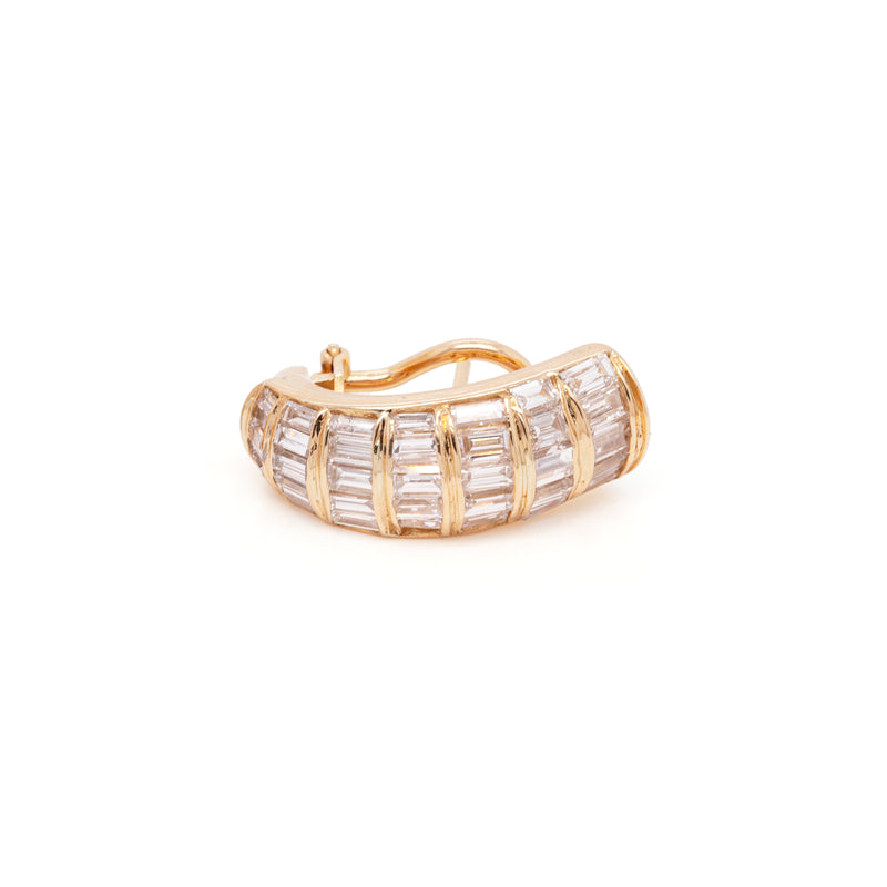 Baguette Cut Diamond 18 Carat Yellow Gold Dome J-Hoop Earrings