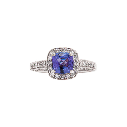 1.32ct Tanzanite and Diamond 18 Carat white Gold Halo Cluster Engagement Ring