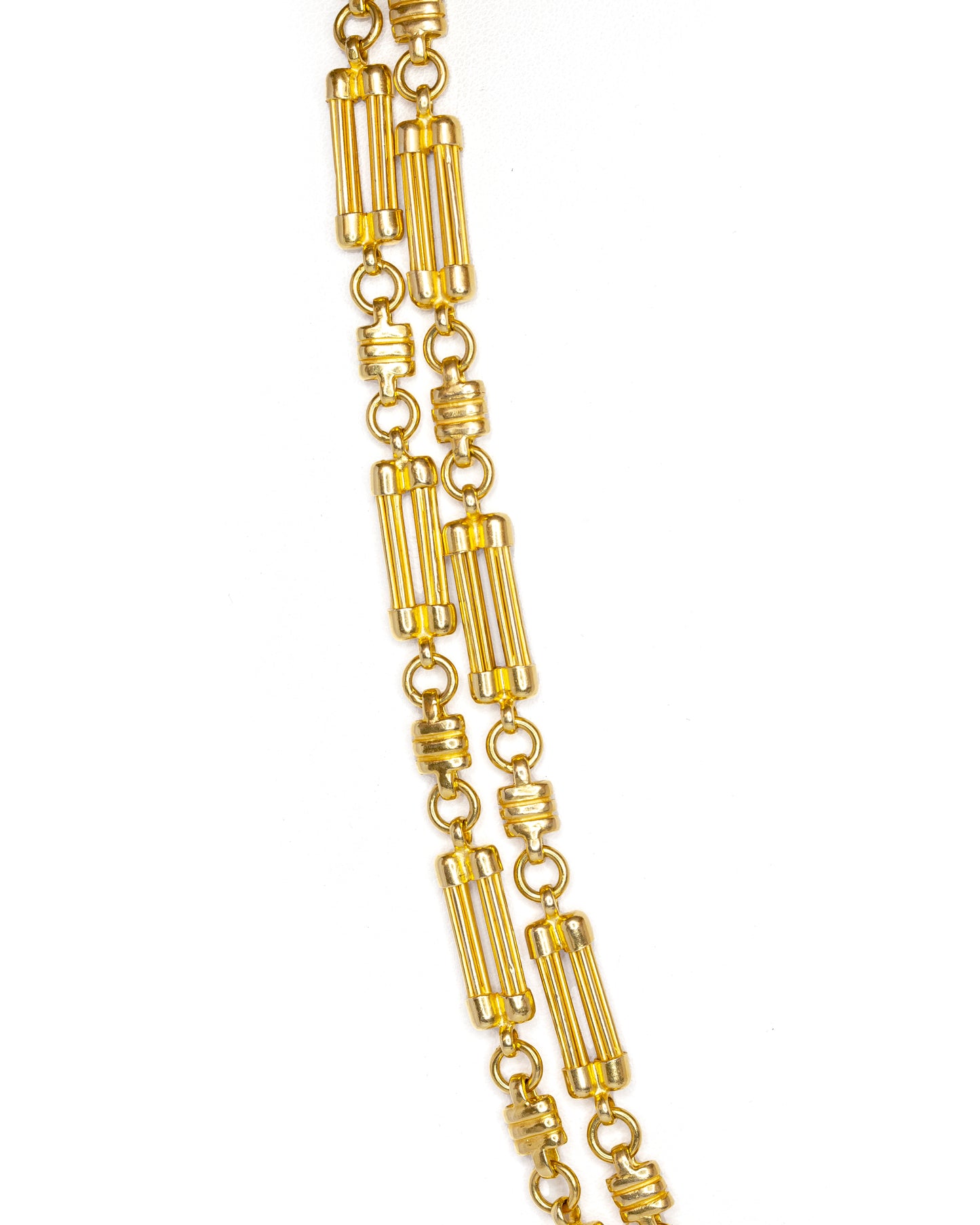 French 18 Carat Yellow Gold Double Round Bar Link Long Chain Necklace