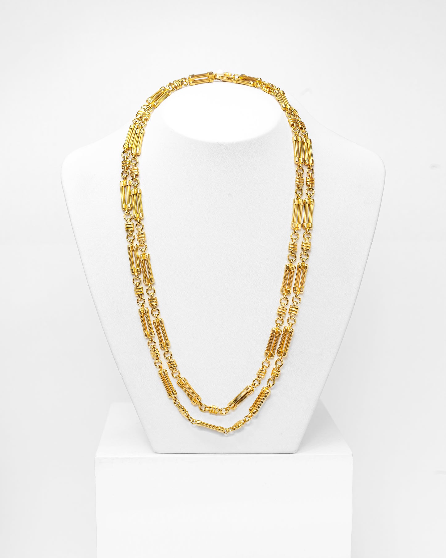 French 18 Carat Yellow Gold Double Round Bar Link Long Chain Necklace