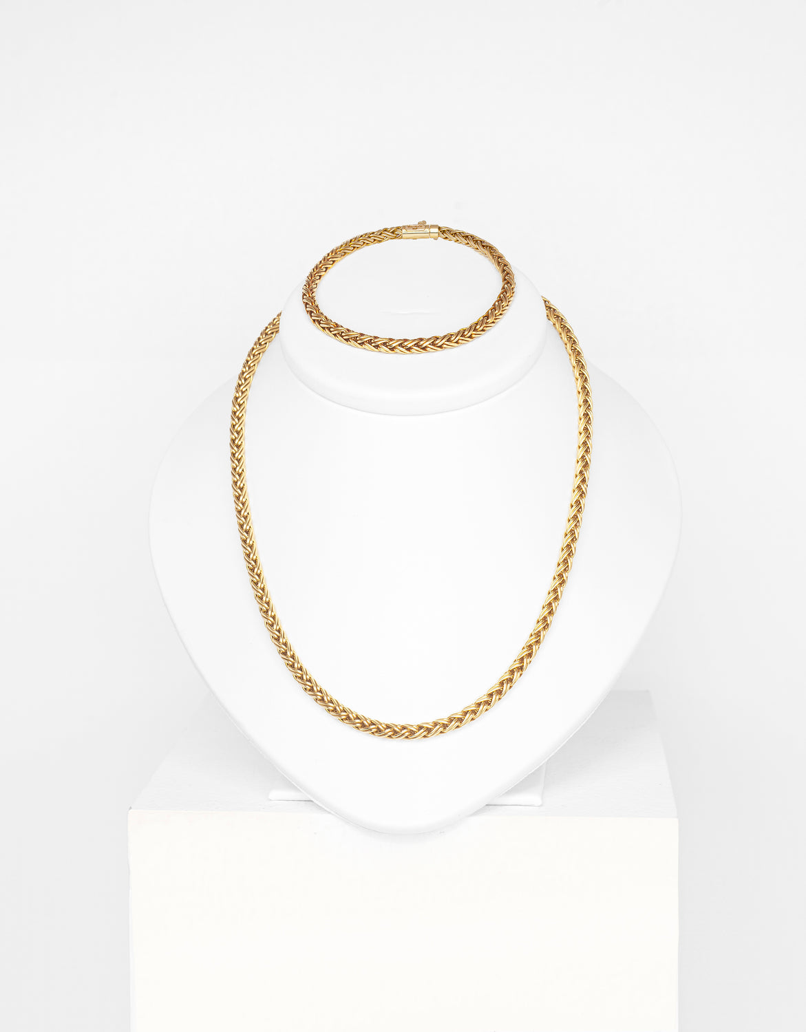 Tiffany & Co. 18 Carat Yellow Gold Braided Wheat Chain Necklace and Bracelet Set