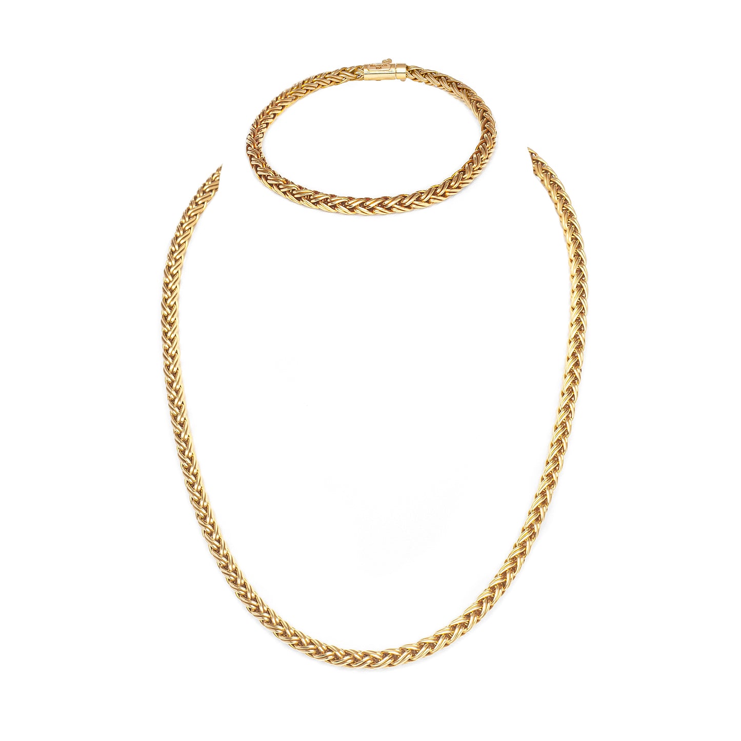 Tiffany & Co. 18 Carat Yellow Gold Braided Wheat Chain Necklace and Bracelet Set