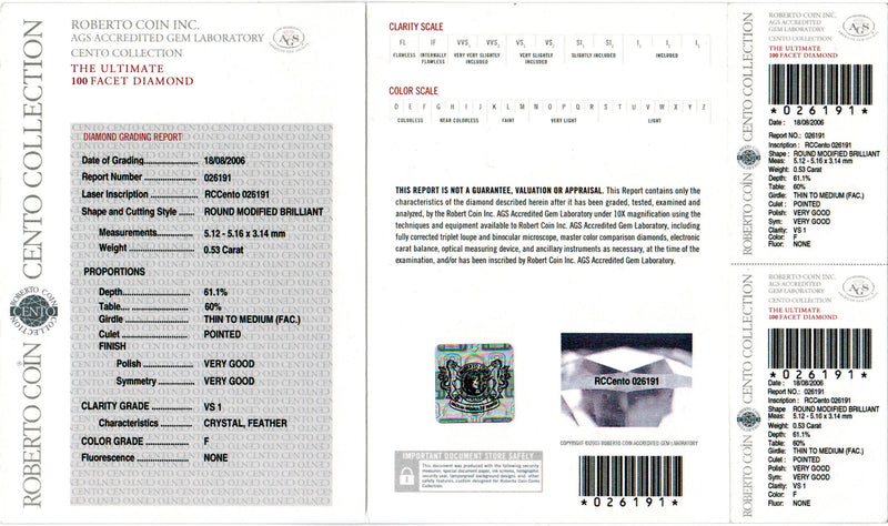 AGS Accredited gem lab report on Roberto Coin Cento Collection Diamond 18 Carat Gold Stud Earrings