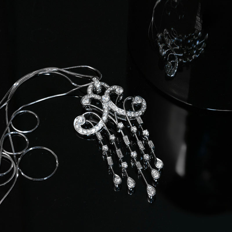 Baguette & Brilliant Cut Diamond 18 Carat White Gold Cascade Chandelier Pendant
