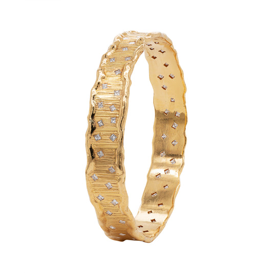 18 Carat Textured Yellow Gold Diamond Bangle Bracelet