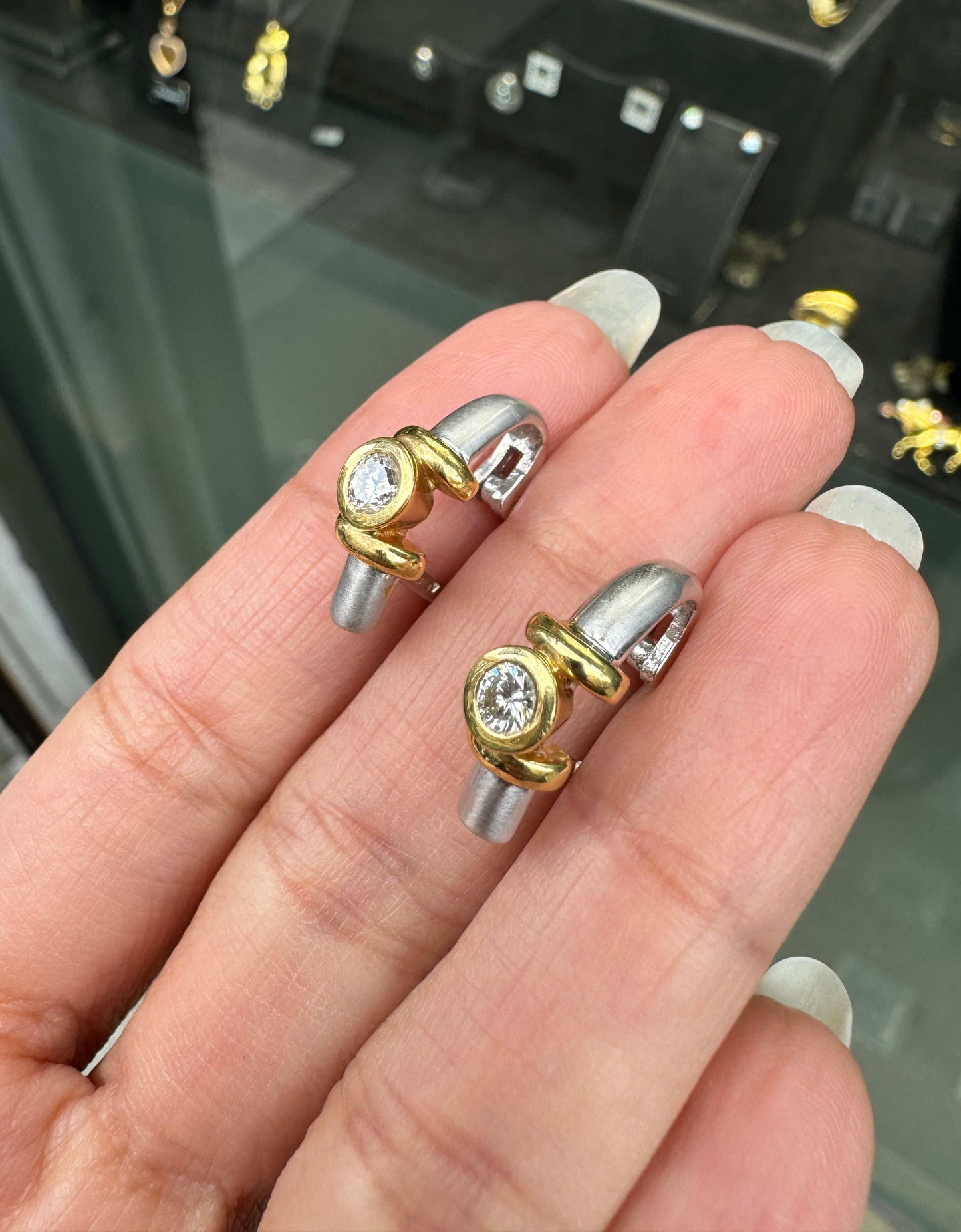 Diamond 18 Carat White and Yellow Gold Half-Hoop Earrings