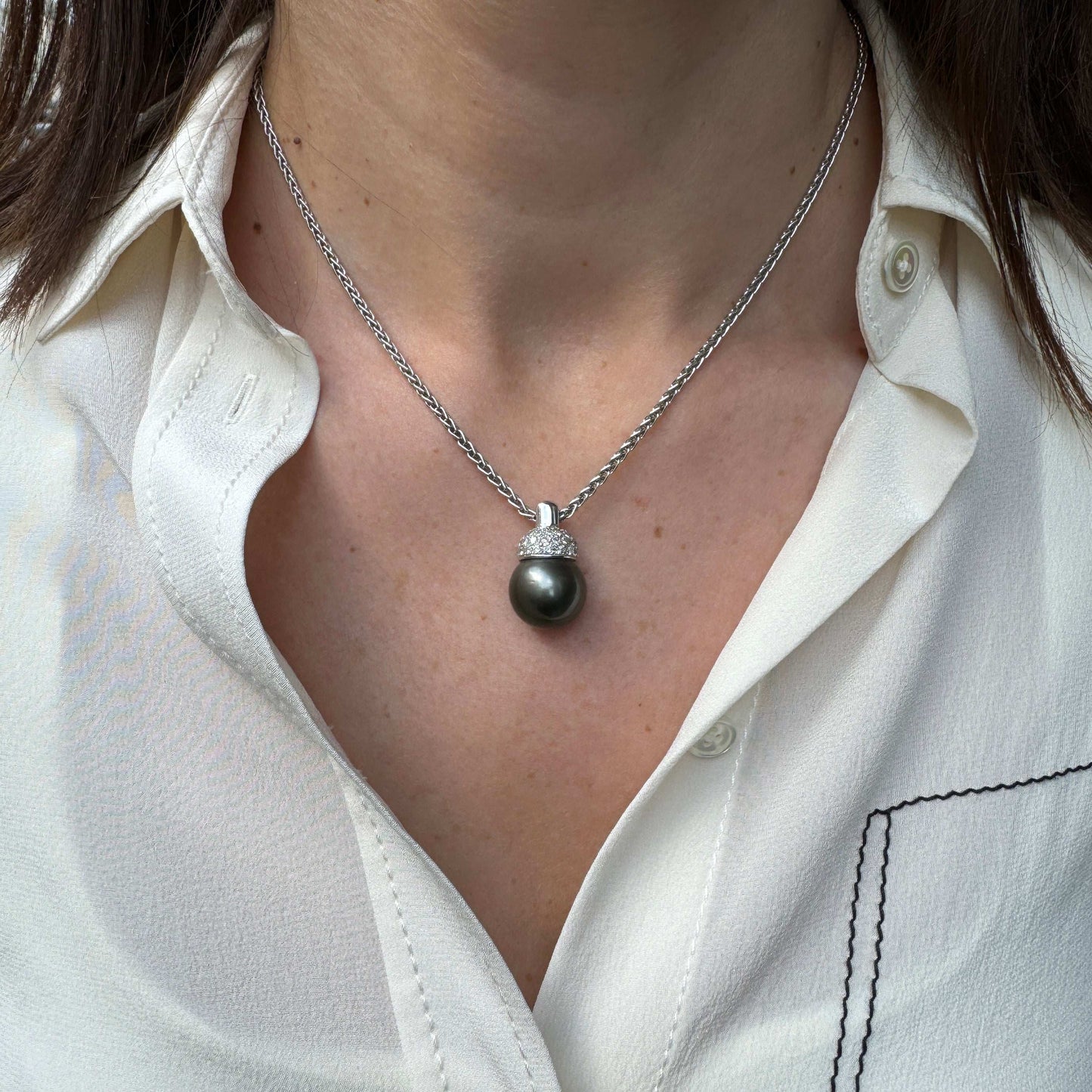 Black Tahitian Pearl and Diamond 18 Carat White Gold Pendant and Wheat Chain