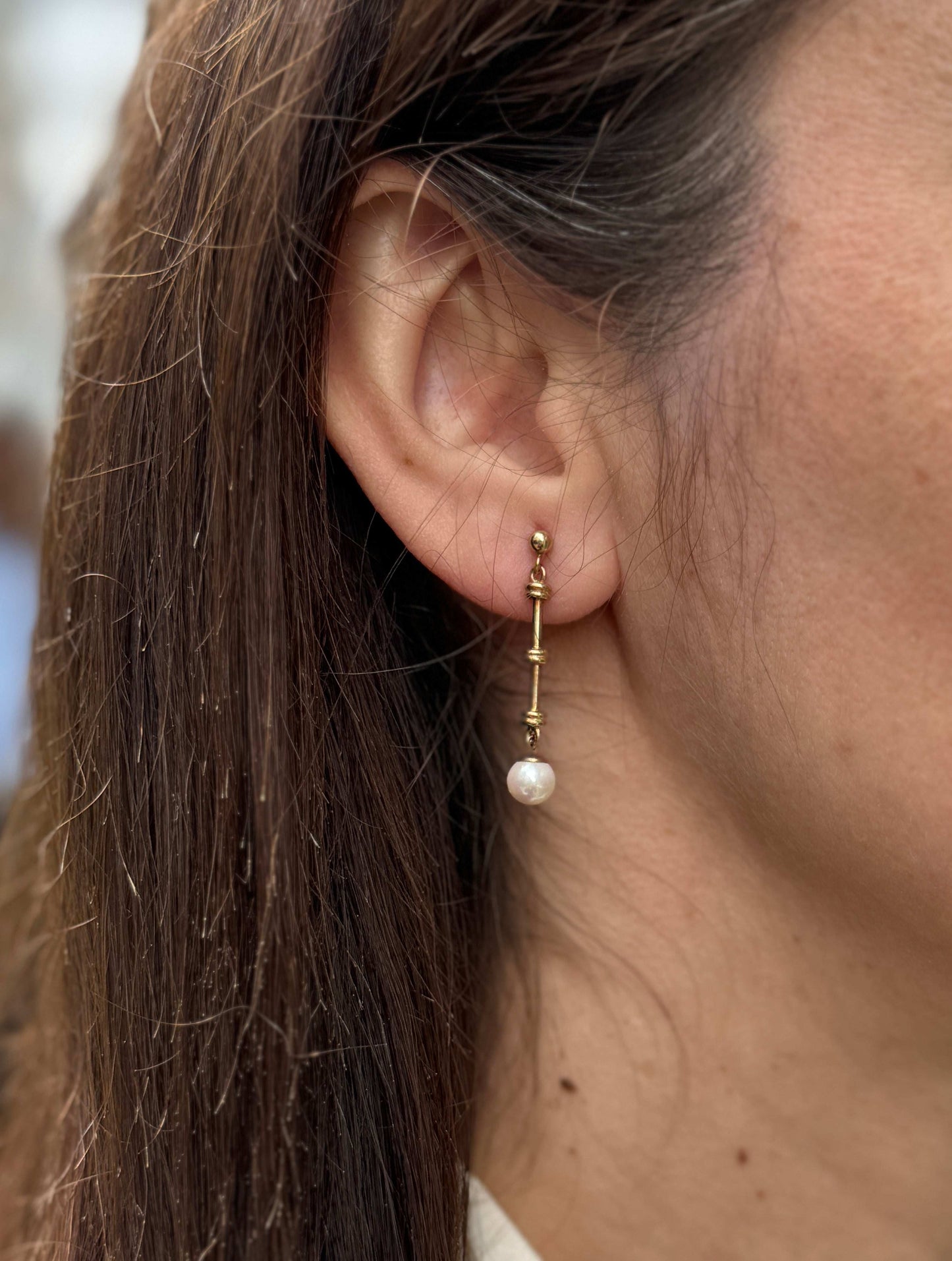 Cutured Pearl and 9 Carat Yellow Gold Bar Drop Earrings