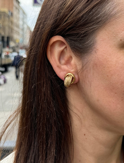 Textured 18 Carat Yellow Gold Open Work Abstract Knot Lever-Back Earrings