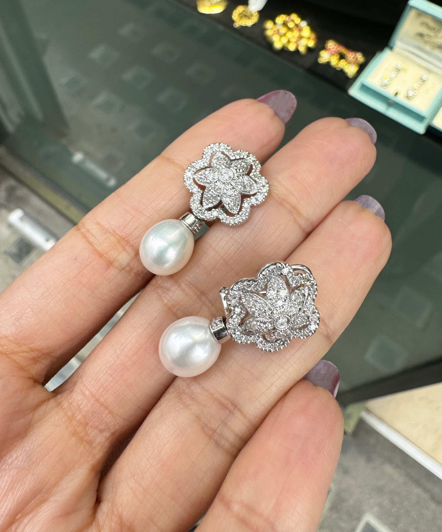 Cultured Pearl and Floral Diamond Cluster 18 Carat White Gold Drop Earrings