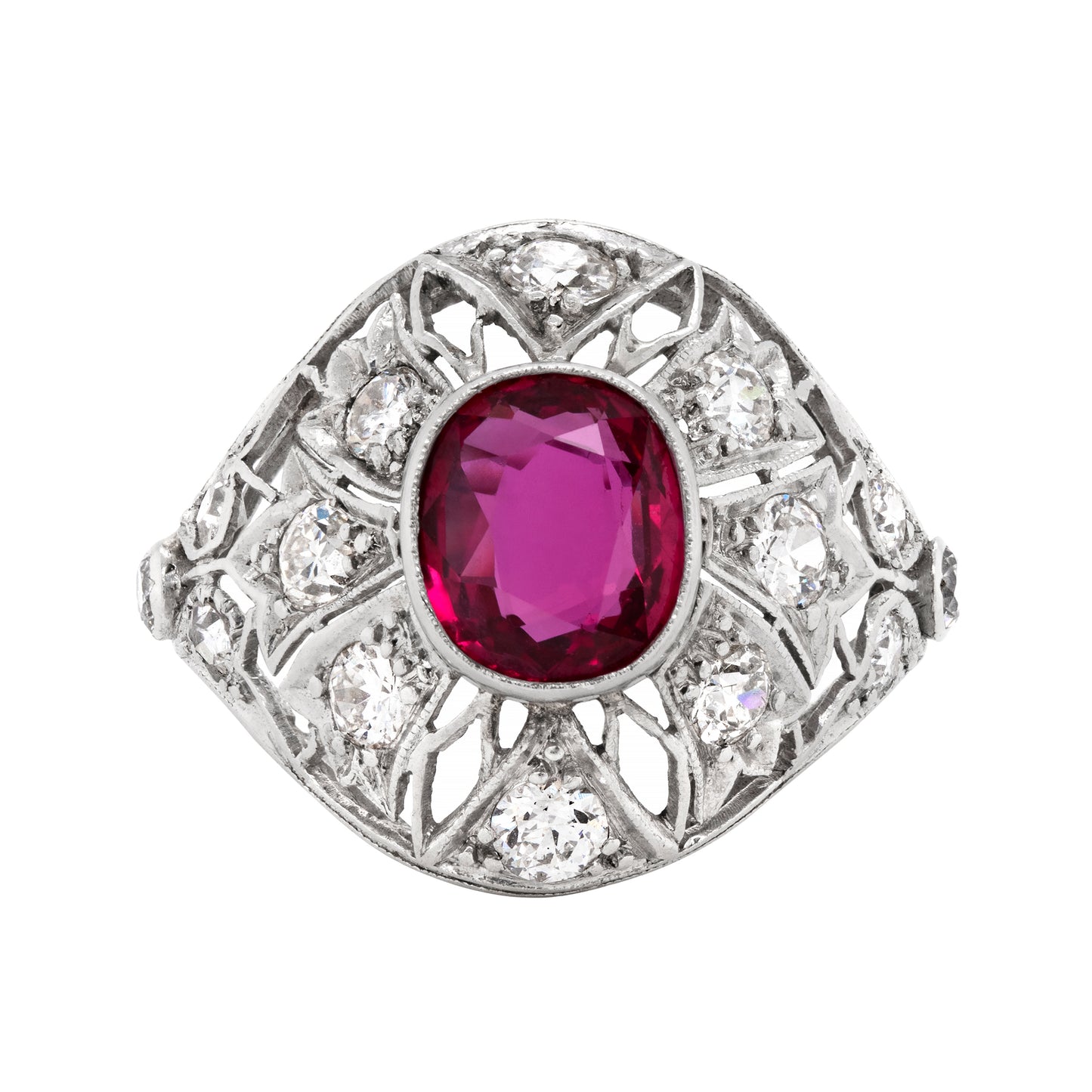 Antique Ruby and Diamond Platinum Dome Cluster Cocktail Ring, Circa 1920s