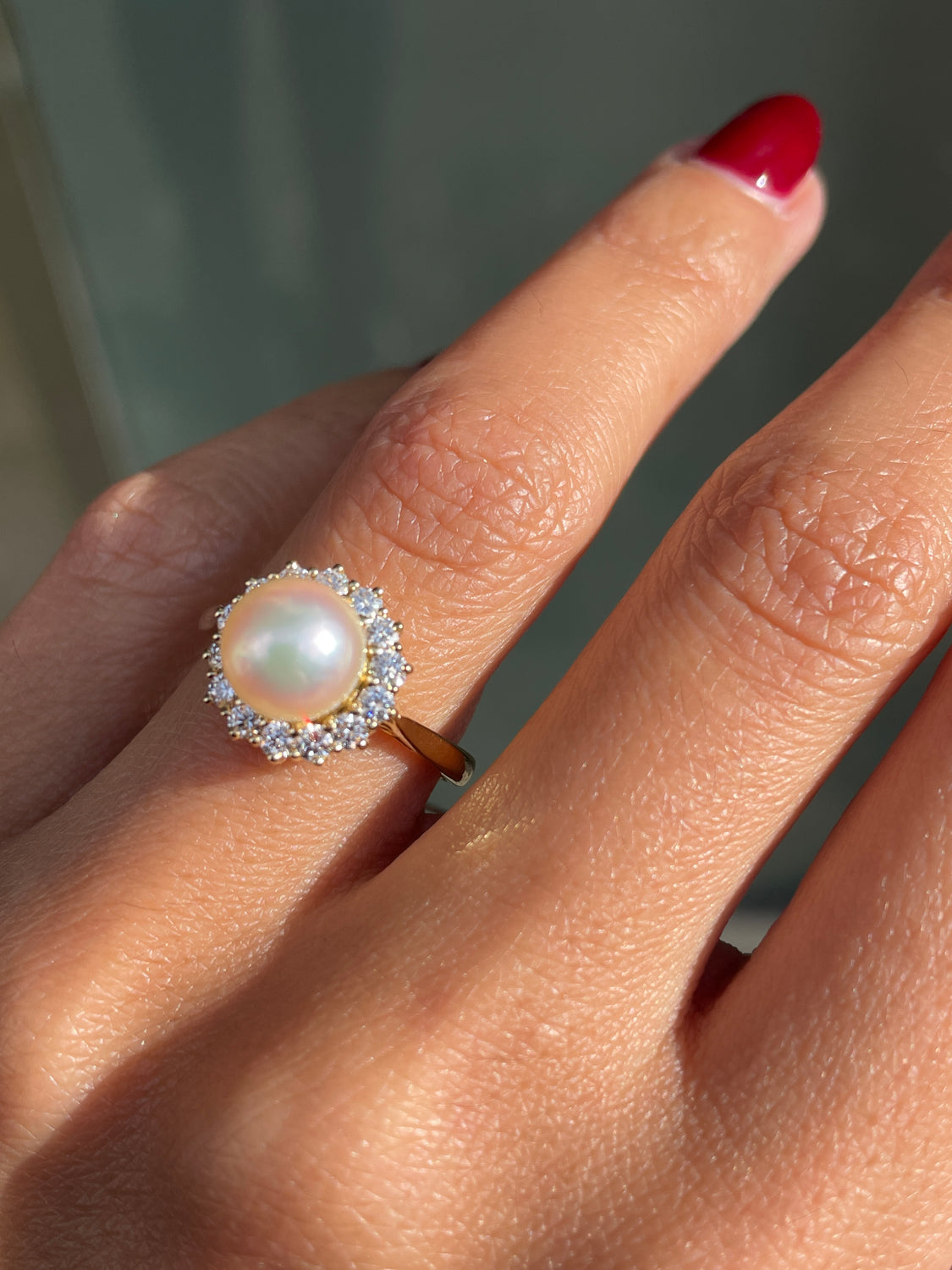 Pearl and Diamond 18 Carat Yellow Gold Cluster Flower Engagement Ring