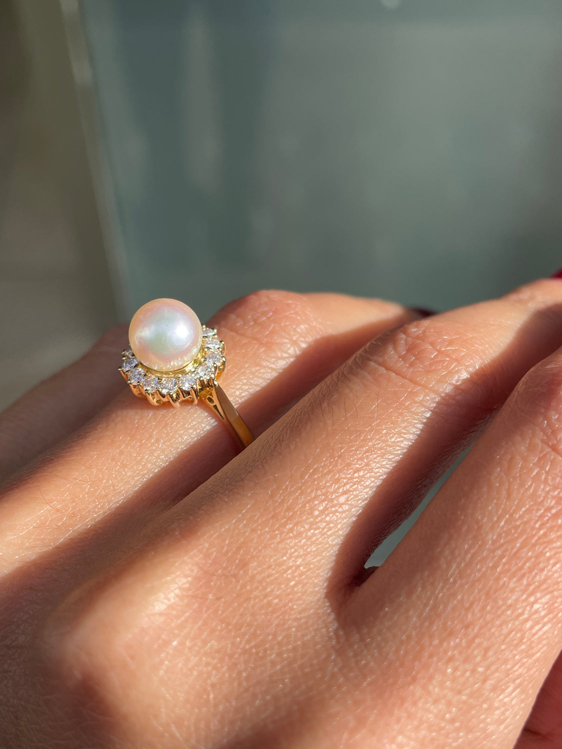 Pearl and Diamond 18 Carat Yellow Gold Cluster Flower Engagement Ring