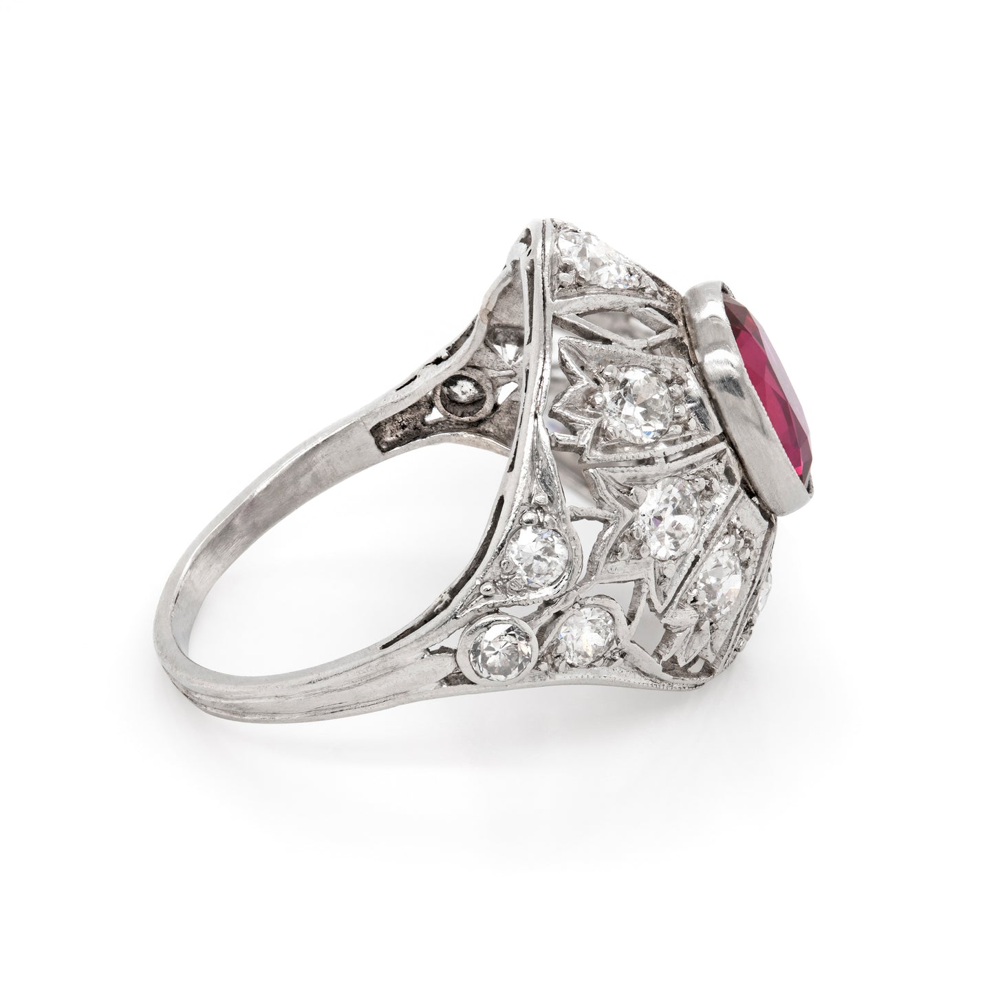 Antique Ruby and Diamond Platinum Dome Cluster Cocktail Ring, Circa 1920s