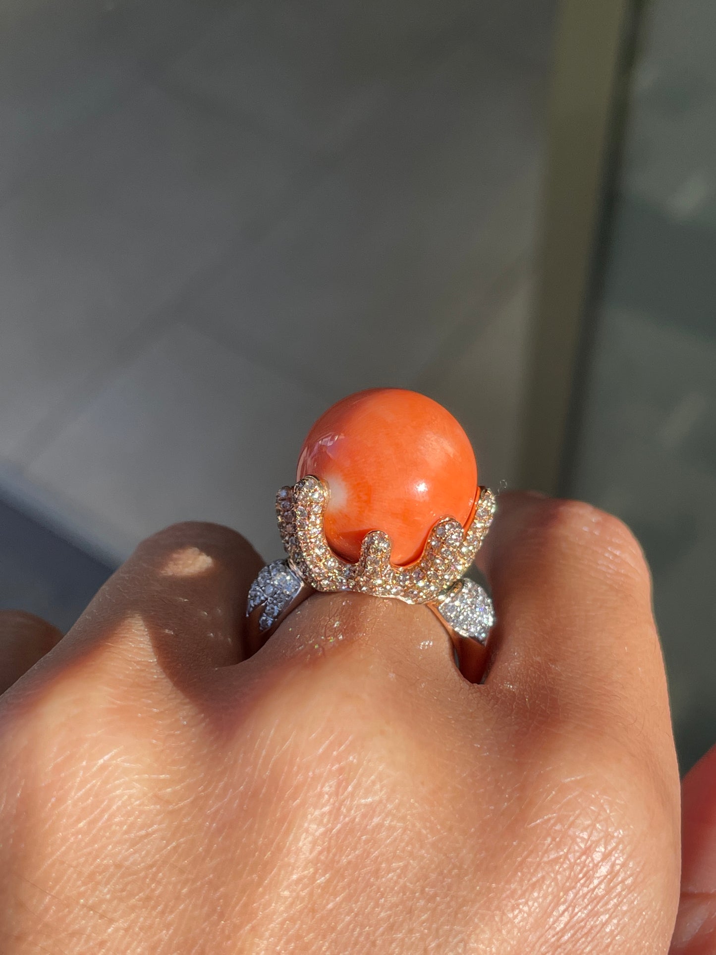 Large Coral and Diamond 18 Carat Rose and White Gold Cocktail Ring