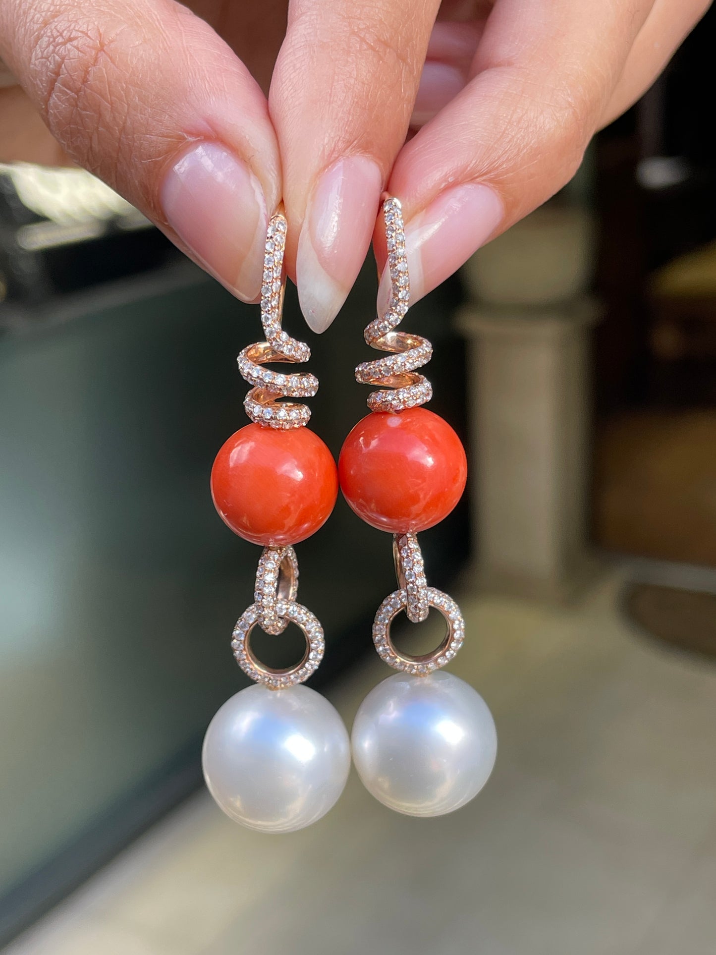 Coral, Pearl and Diamond 18 Carat Rose Gold Dangle Earrings