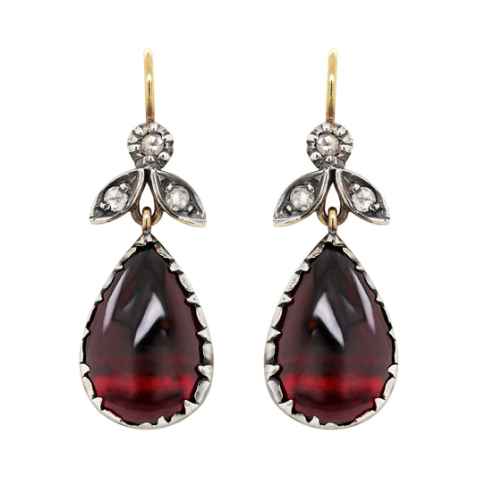Pear Cabochon Garnet and Diamond Silver on 18 Carat Gold Drop Earrings