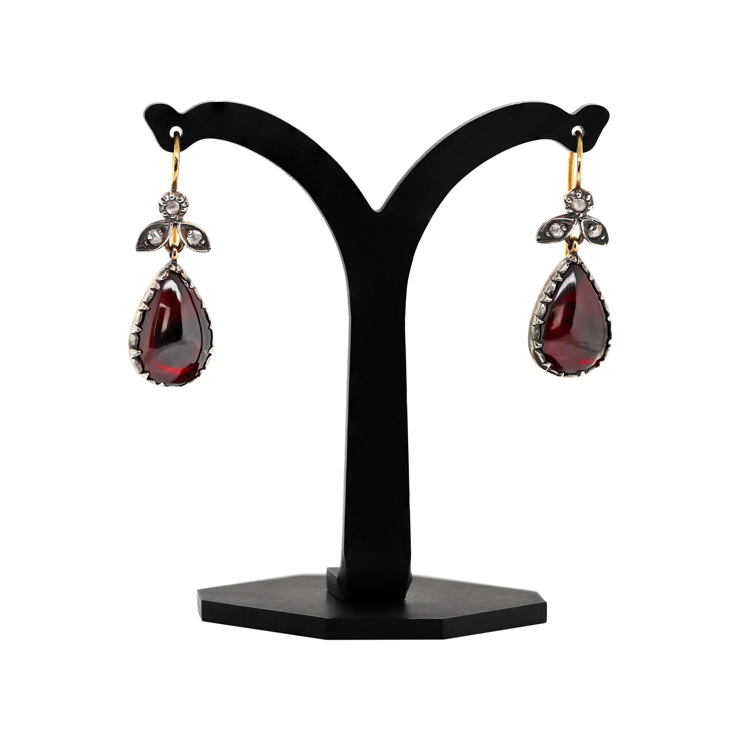 Pear Cabochon Garnet and Diamond Silver on 18 Carat Gold Drop Earrings