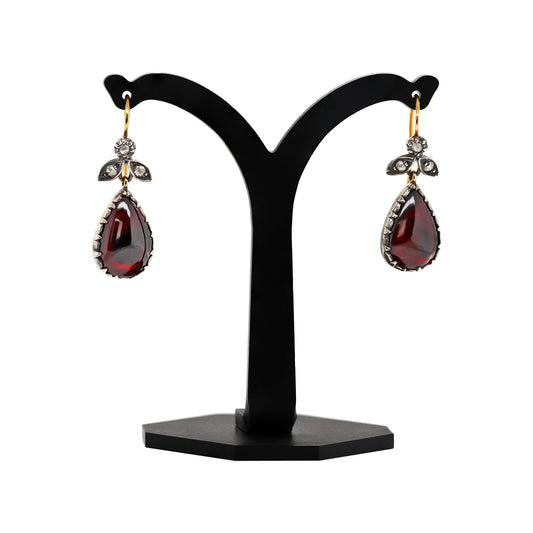 Pear Cabochon Garnet and Diamond Silver on 18 Carat Gold Drop Earrings