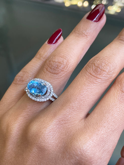 2.70ct Aquamarine and Diamond Cluster 18 Carat White Gold Swirl Dress Ring