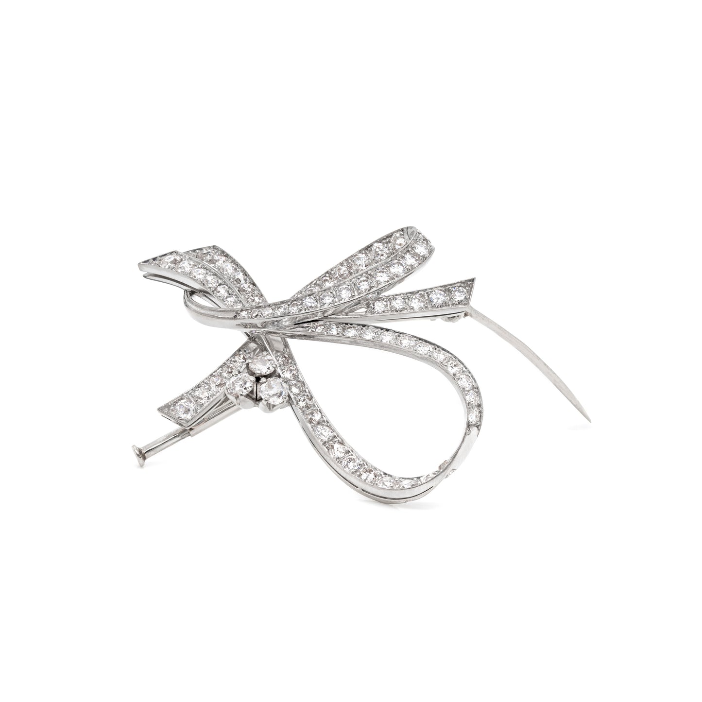 French Vintage Diamond Platinum Ribbon Brooch, Circa 1950's