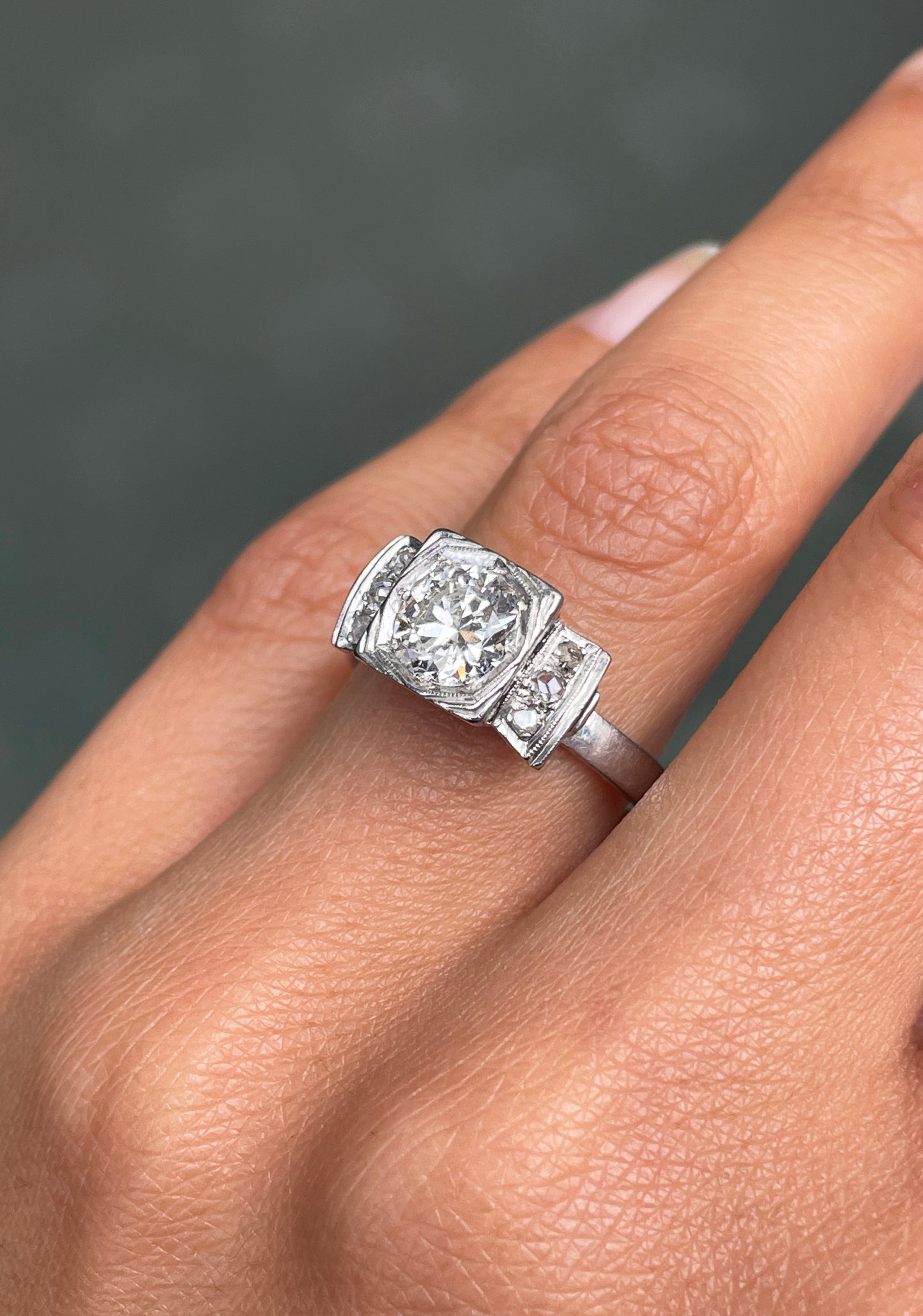 Vintage Art Deco Transitional Cut Diamond 18 Carat White Gold Engagement Ring