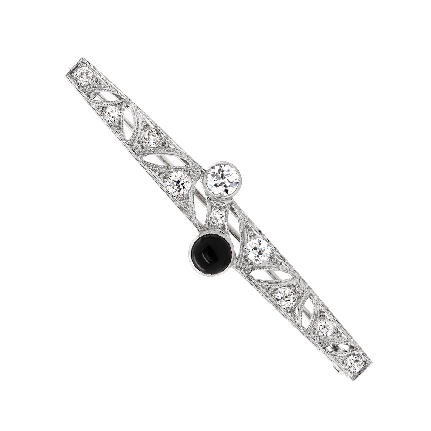 Art Deco Old Cut Diamond and Onyx Platinum Brooch, Circa 1920s