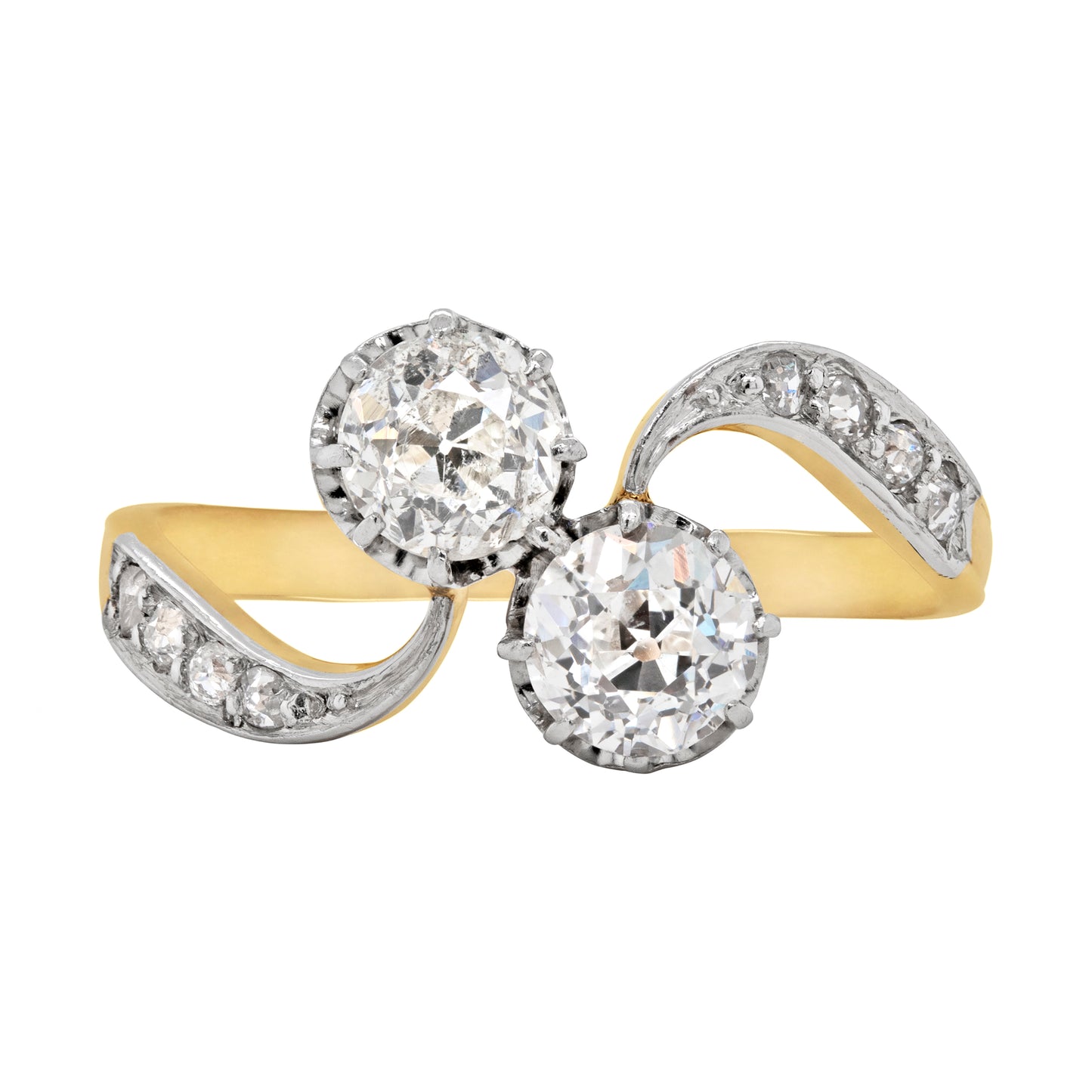Antique Old Cut Diamond Two-Stone Twist Platinum on 18ct Gold Ring, Circa 1900