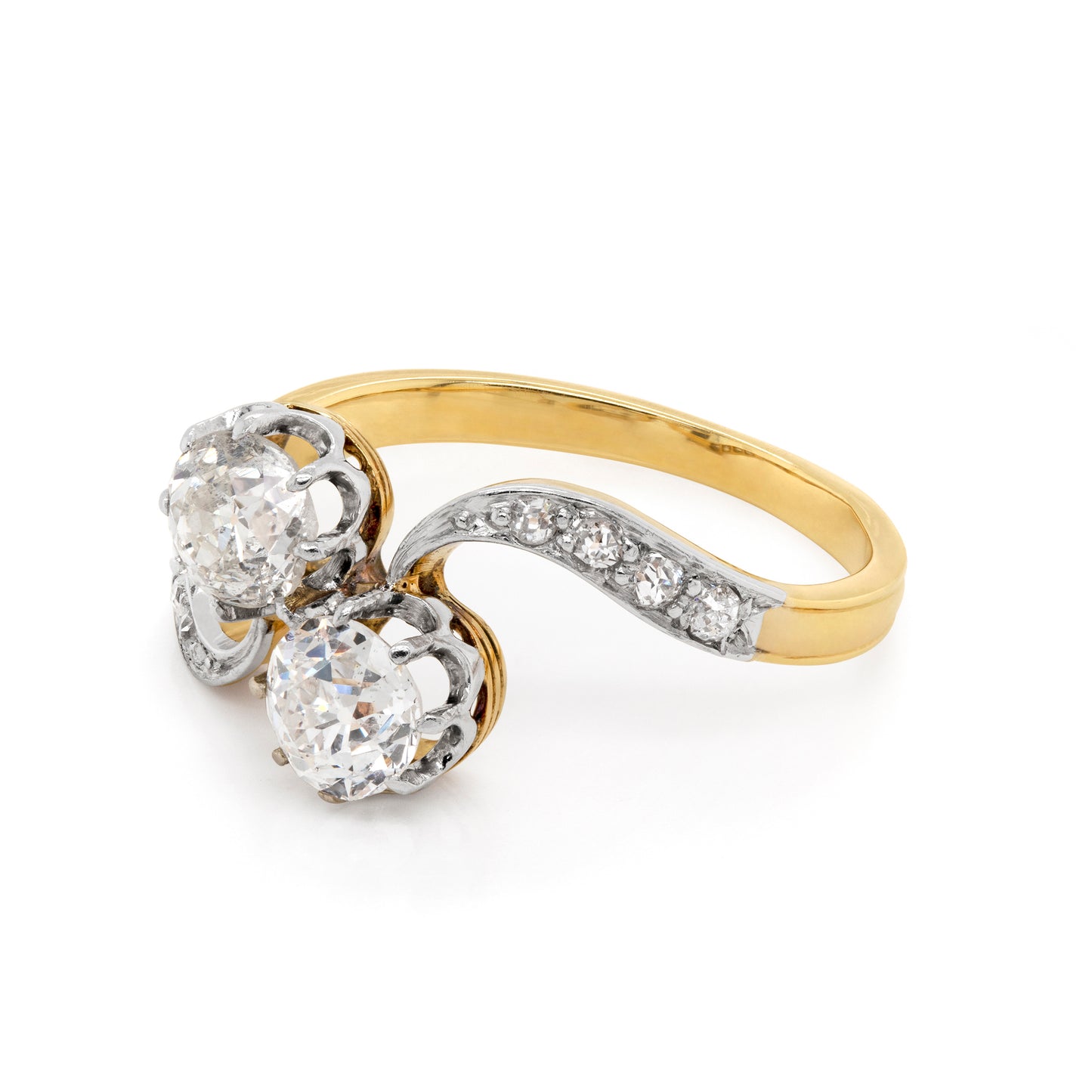 Antique Old Cut Diamond Two-Stone Twist Platinum on 18ct Gold Ring, Circa 1900