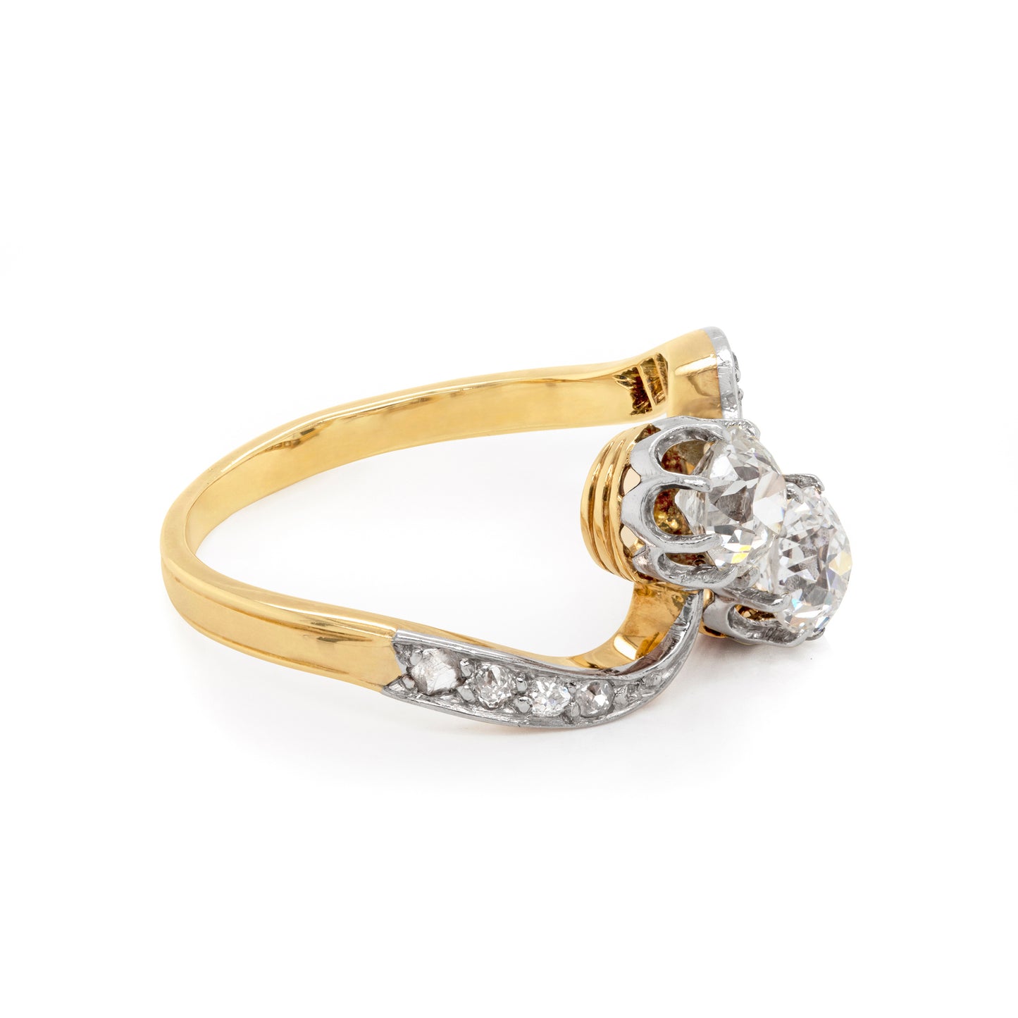 Antique Old Cut Diamond Two-Stone Twist Platinum on 18ct Gold Ring, Circa 1900
