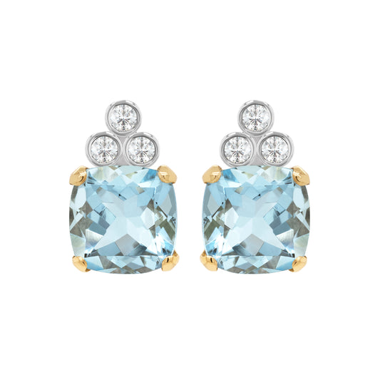 4.04 Carat Cushion Shape Aquamarine and Diamond 18ct Gold Stud Earrings