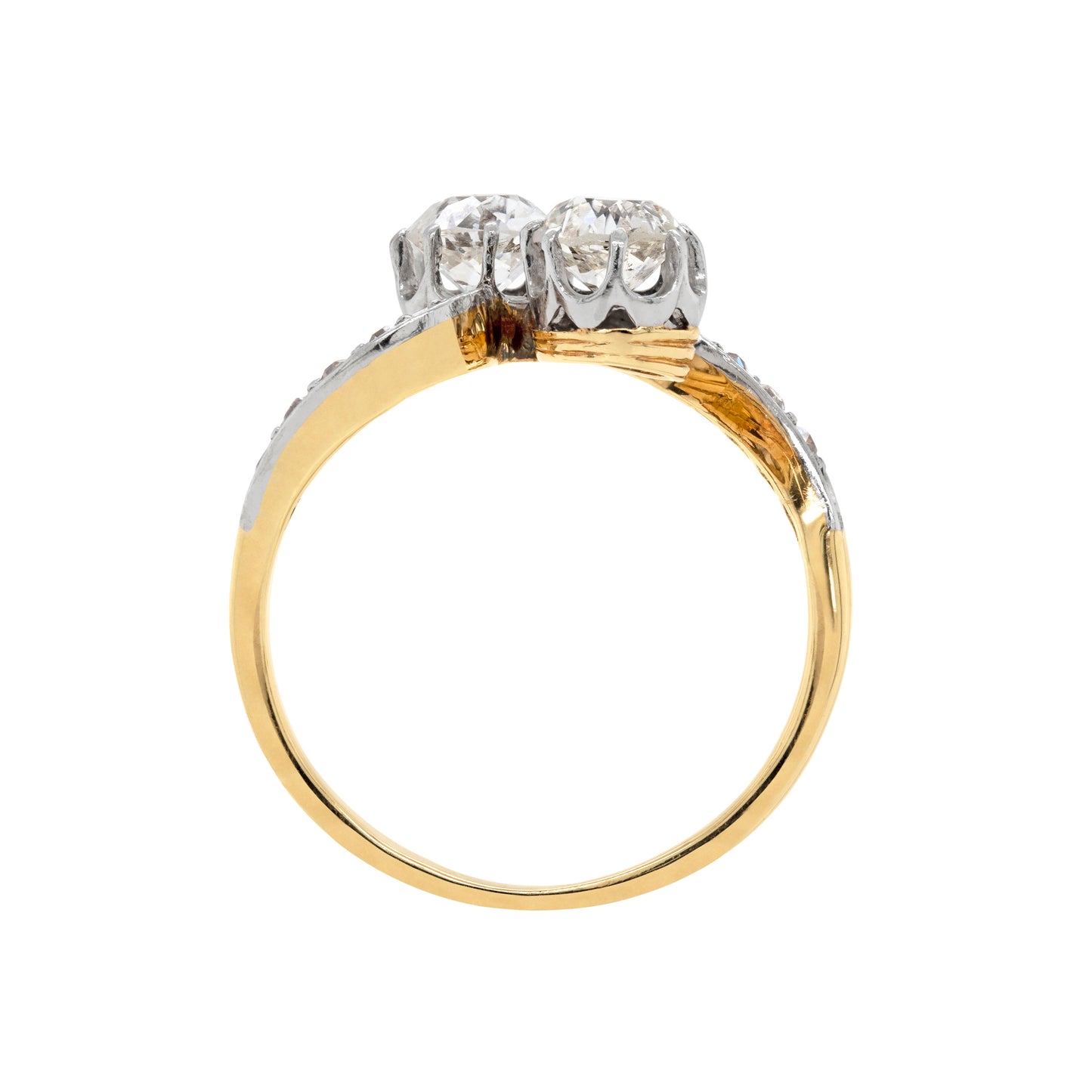 Antique Old Cut Diamond Two-Stone Twist Platinum on 18ct Gold Ring, Circa 1900