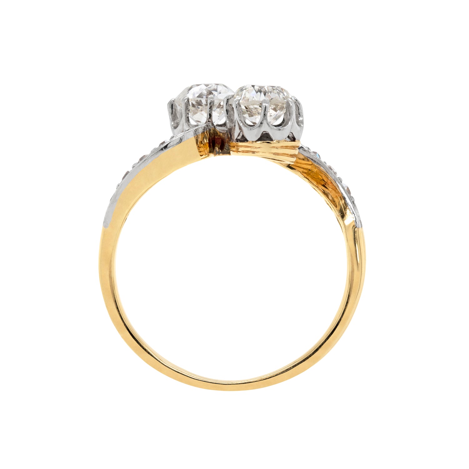Antique Old Cut Diamond Two-Stone Twist Platinum on 18ct Gold Ring, Circa 1900