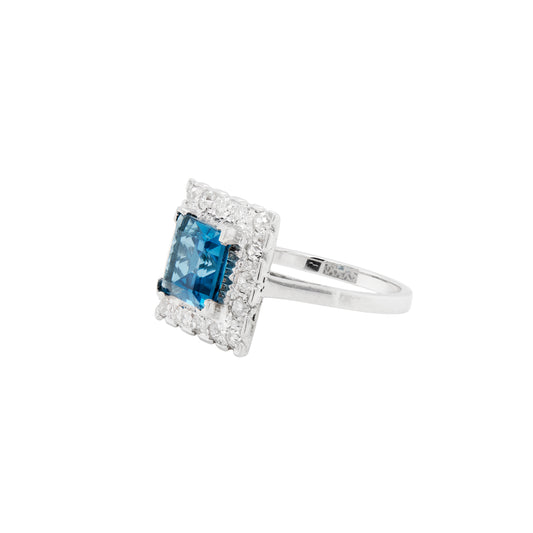 Blue Topaz and Diamond Halo Square Shape Cluster Dress Ring in 18K White Gold