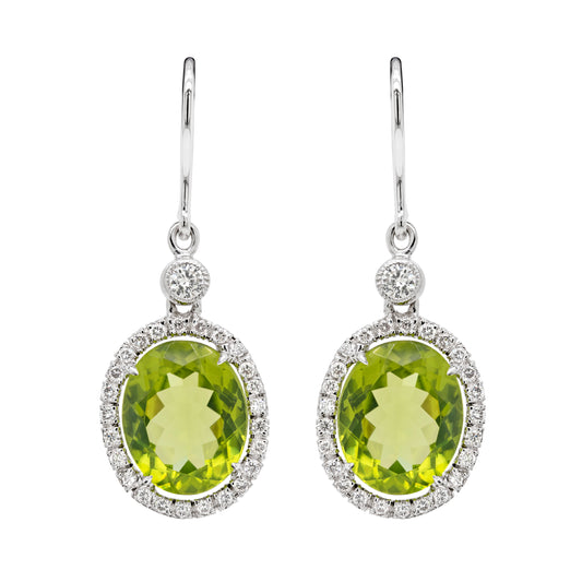 Oval Peridot and Diamond 18 Carat White Gold Drop Earring