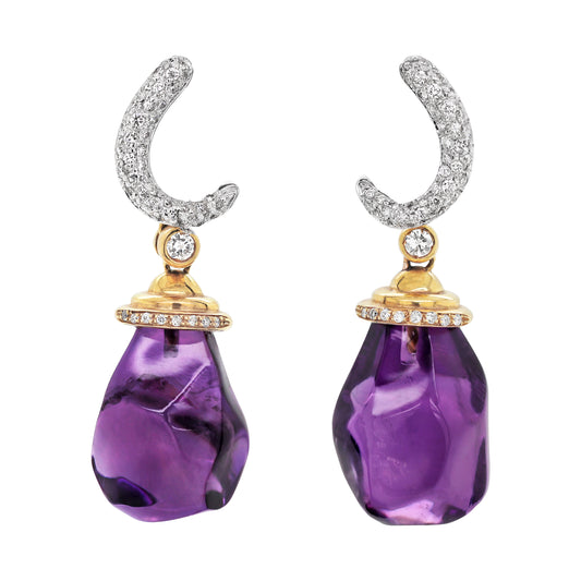 Amethyst and Diamond 18 Carat White and Yellow Gold Drop Earrings