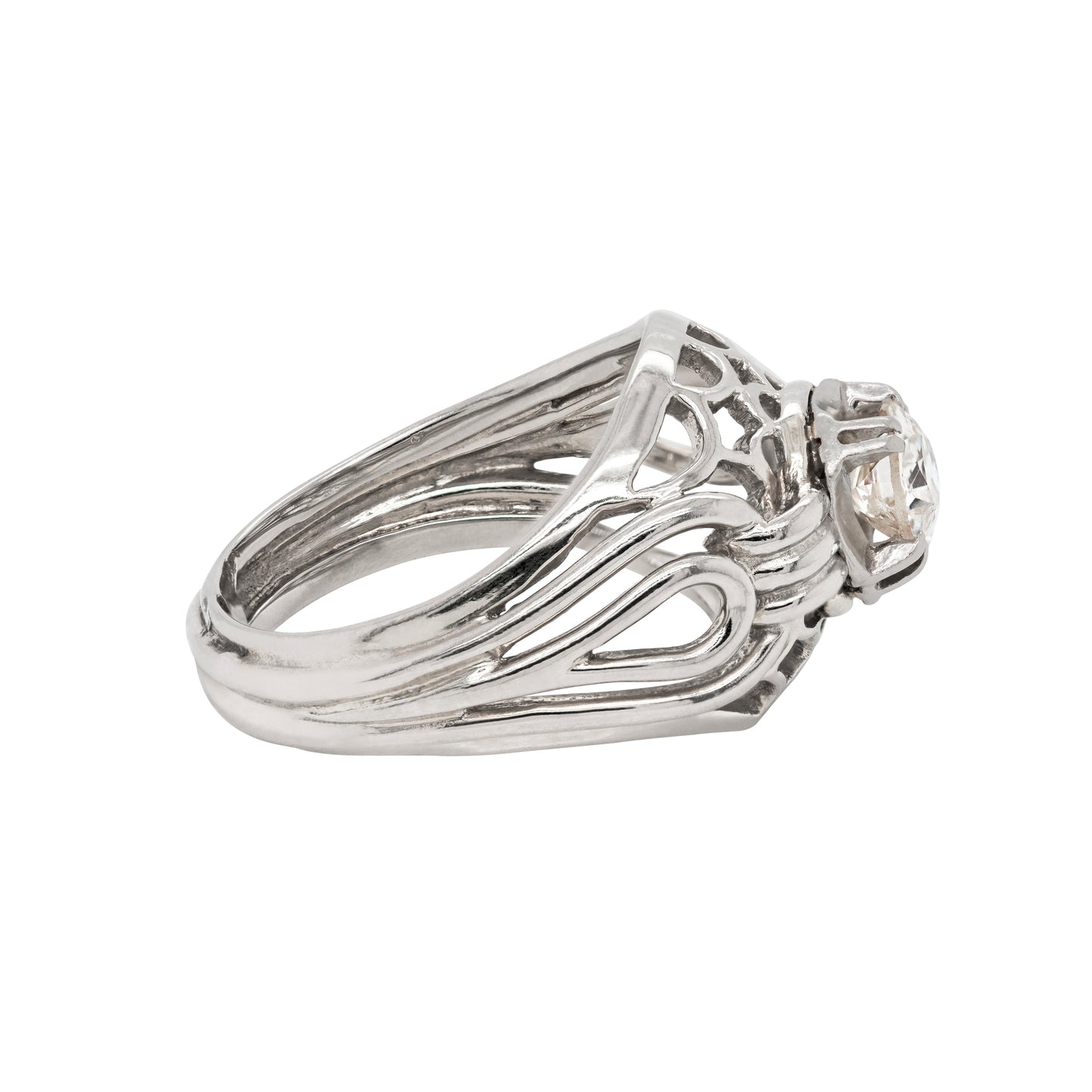 Vintage Old Cut Diamond 18 Carat White Gold Open Work Dome Cocktail Ring, Circa 1950