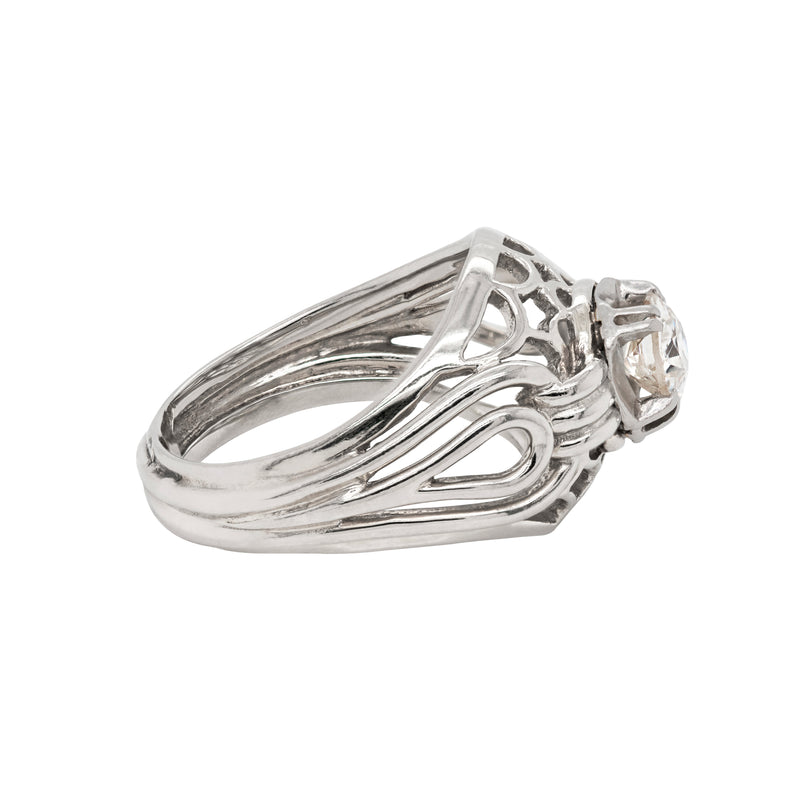Vintage Old Cut Diamond 18 Carat White Gold Open Work Dome Cocktail Ring, Circa 1950