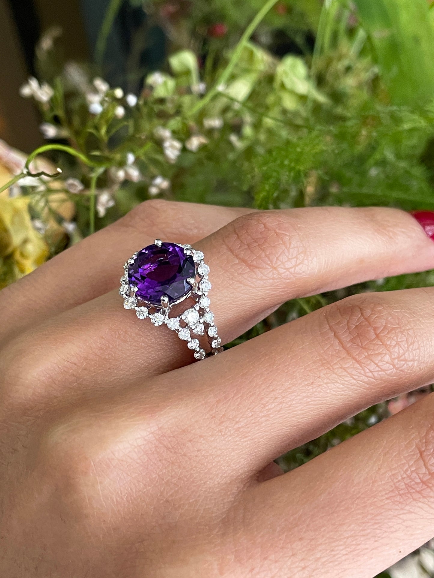 Amethyst and Diamond 18 Carat White Gold Cluster Ring