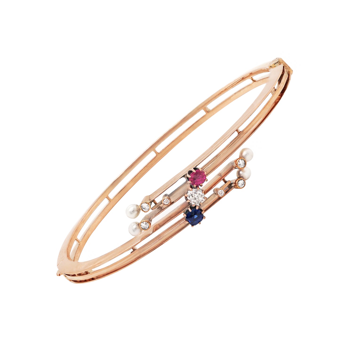Edwardian 9 Carat Rose Gold Diamond, Sapphire, Ruby and Pearl Bangle, Circa 1900
