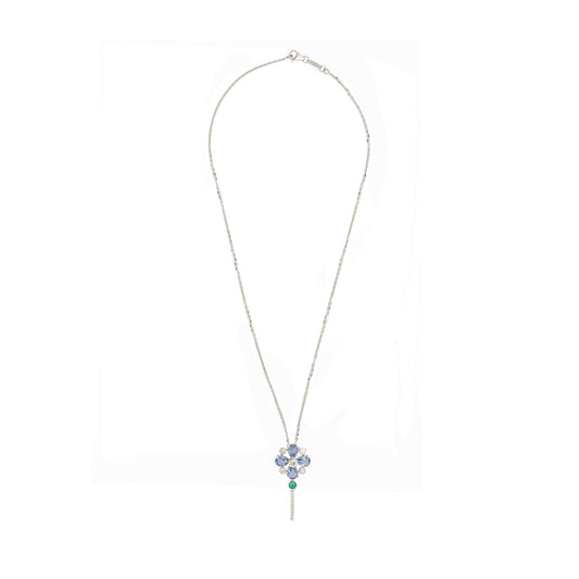 Diamond, Sapphire & Emerald Abstract Key Drop Pendant Necklace in 18K White Gold